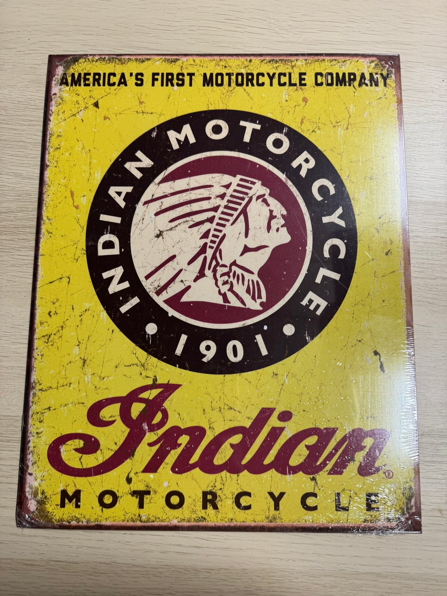 Plaque Métal Vintage Indian Motorcycle – Déco Garage Rétro "America's First"