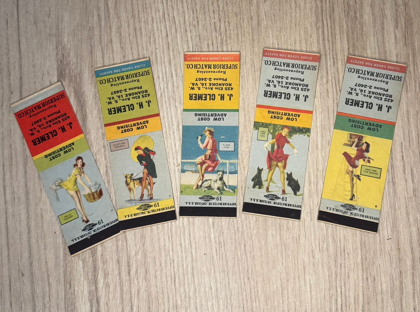 Lot de 5 Pochettes d'Allumettes Vintage Publicitaires "J.H. Clemer - Low Cost Advertising"