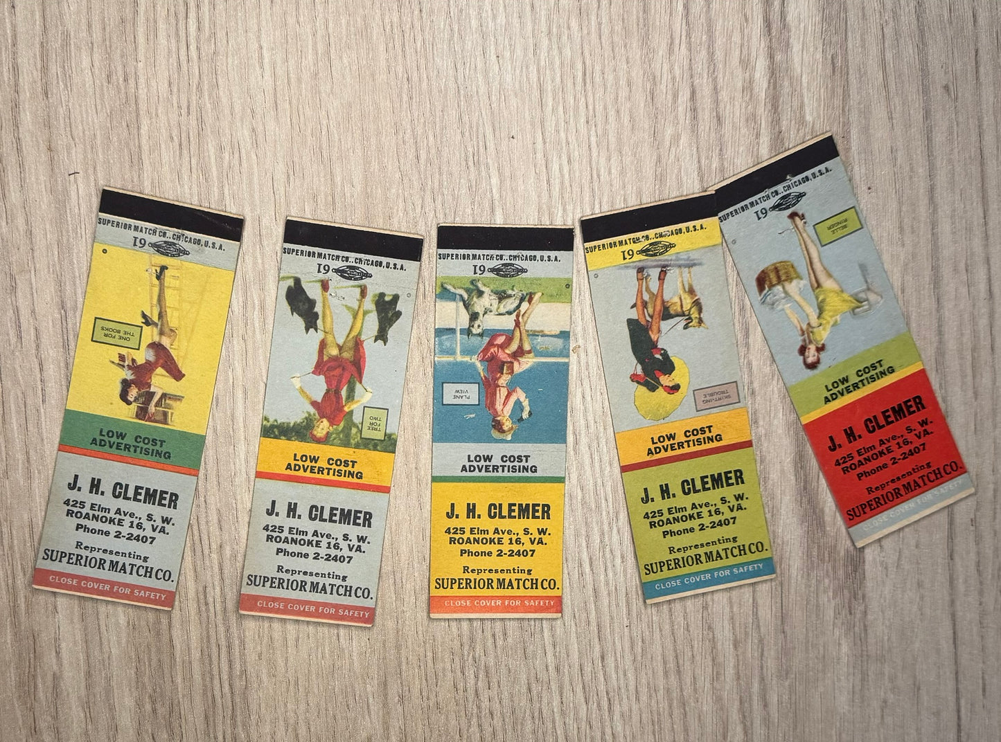 Lot de 5 Pochettes d'Allumettes Vintage Publicitaires "J.H. Clemer - Low Cost Advertising"