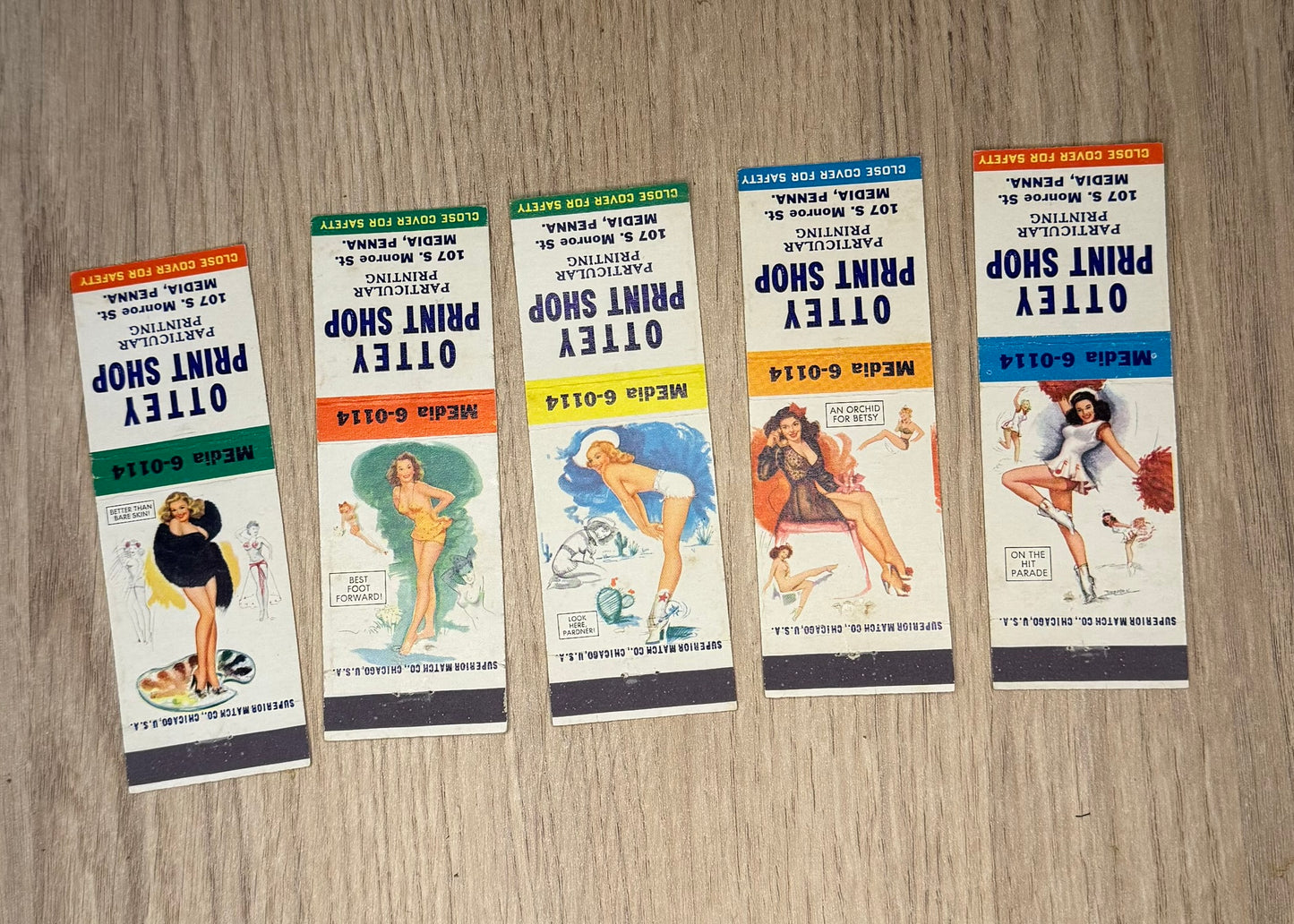 Lot de 5 pochettes d'Allumettes Vintage "OTTEY PRINT SHOP" - Pin-up Publicitaire Rétro