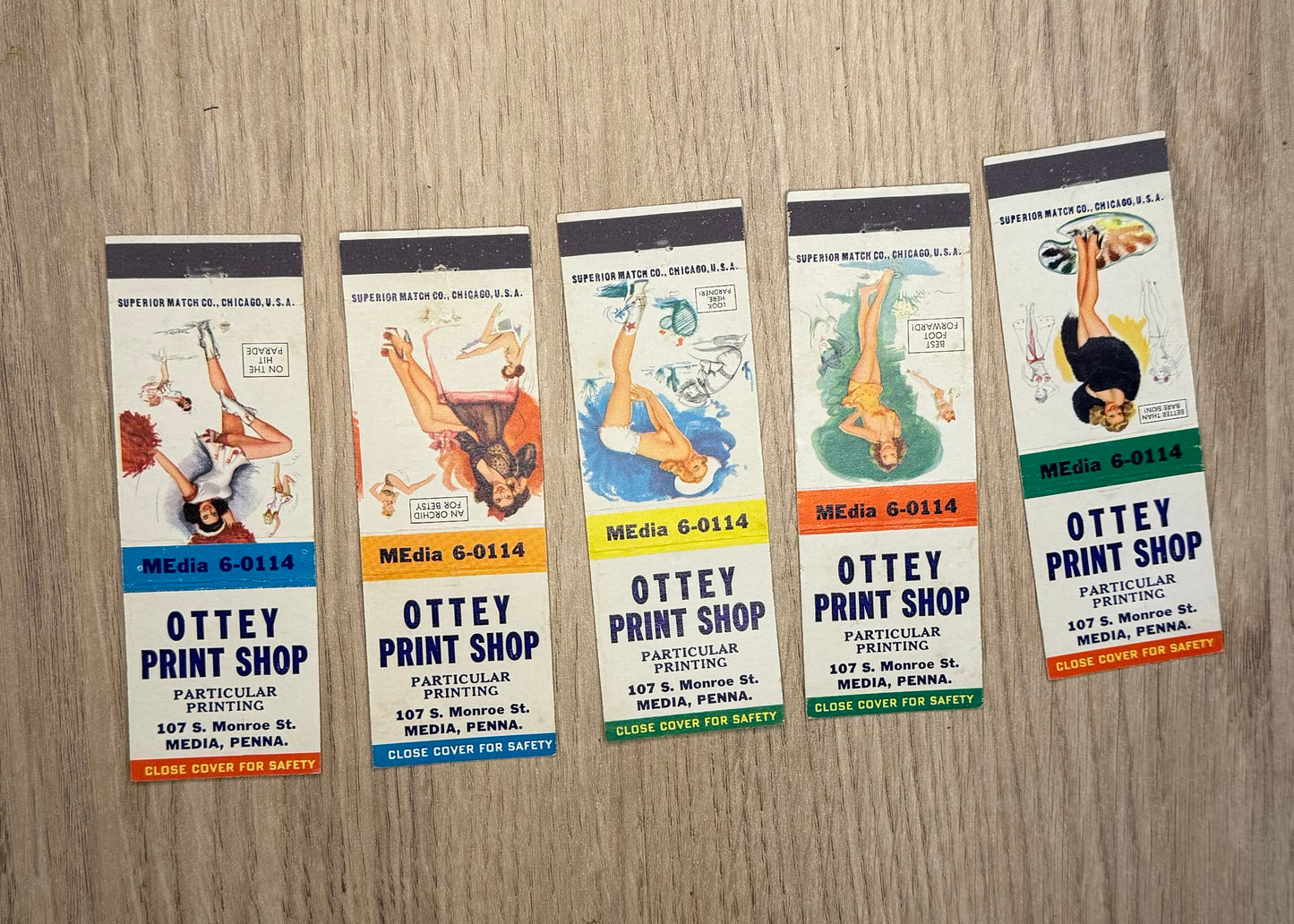 Lot de 5 pochettes d'Allumettes Vintage "OTTEY PRINT SHOP" - Pin-up Publicitaire Rétro