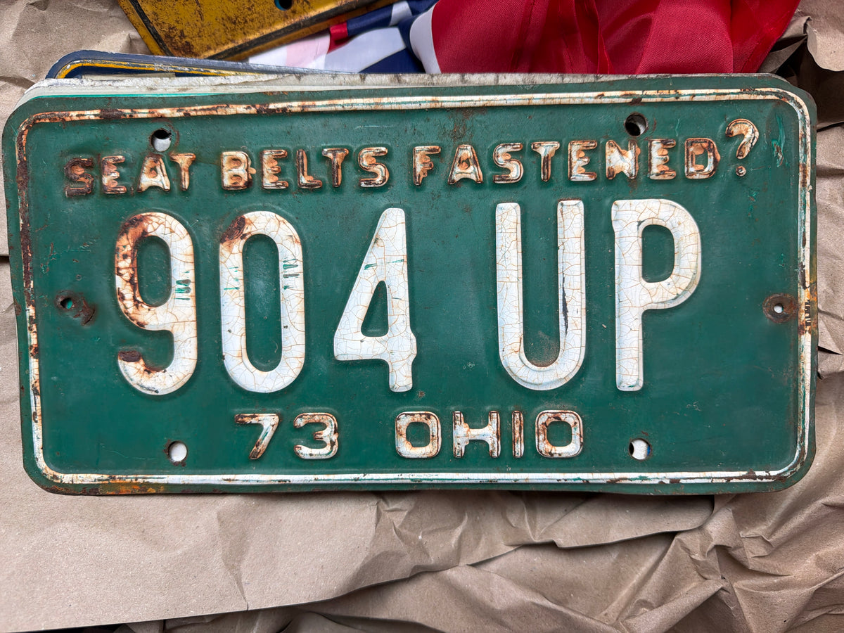 Plaque d'Immatriculation Américaine Vintage - Ohio 1973 "Seat Belts Fastened"  904 UP