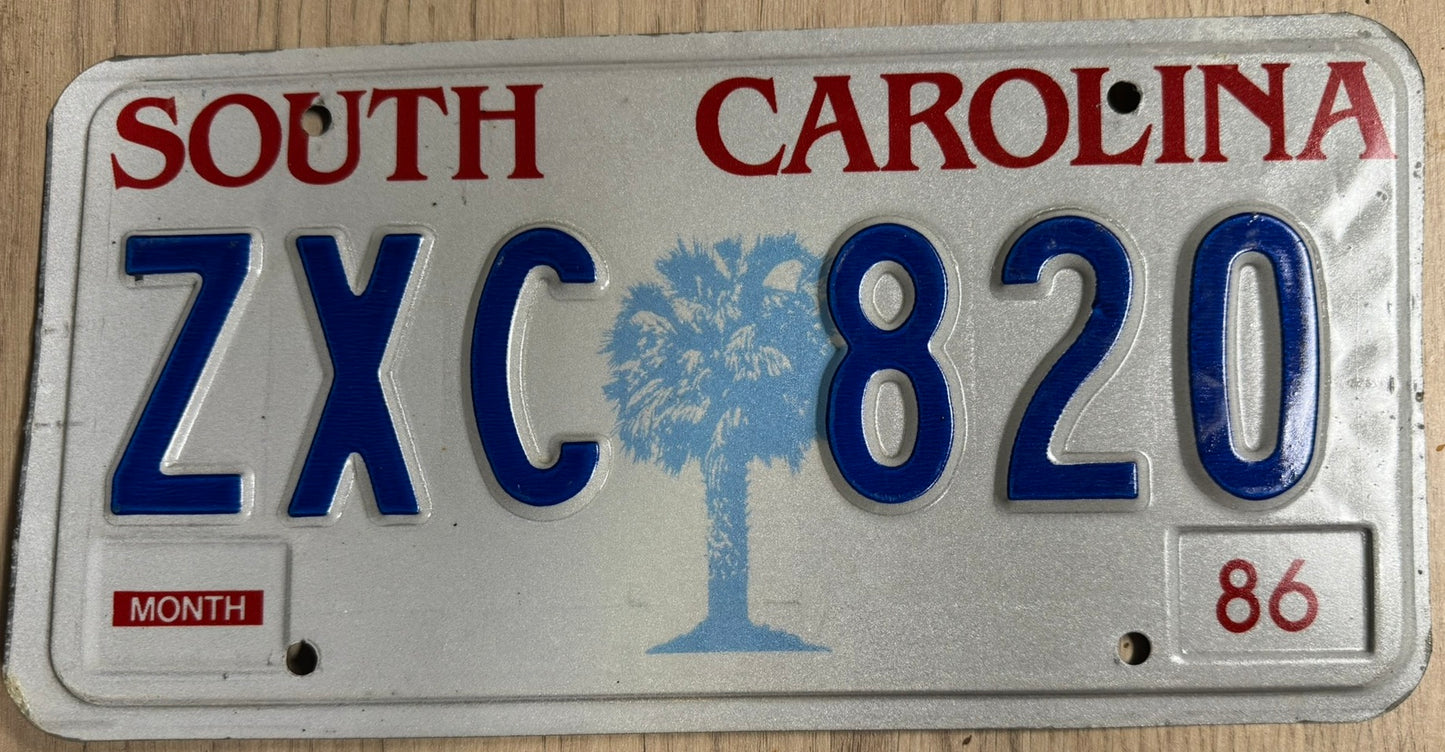 Plaque d'Immatriculation US Ancienne Caroline du Sud – Édition Vintage "Palmetto State" 1986 (ZXC 820)