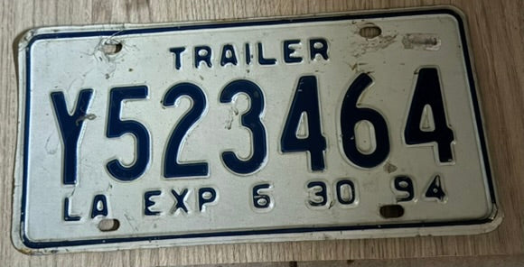 🏷️ Plaque de remorque Louisiane « TRAILER » – Exp. Juin 1994 Y523464
