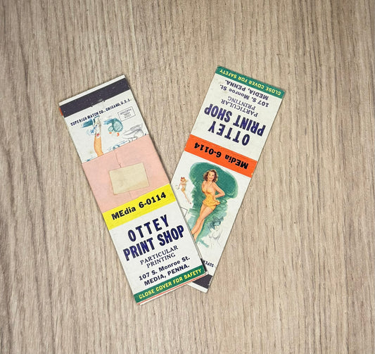Lot de 5 pochettes d'Allumettes Vintage "OTTEY PRINT SHOP" - Pin-up Publicitaire Rétro