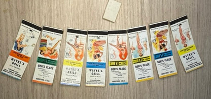 Lot de 7 Pochettes d'Allumettes Vintage Publicitaires Variés - Pin-up Rétro "Ben's Place" et "Wayne's Grill"