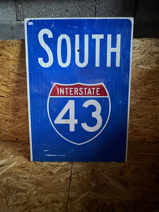 Panneau Routier Américain Vintage "INTERSTATE 43 SOUTH" - Décoration US / Garage monté sur une plaque de bois